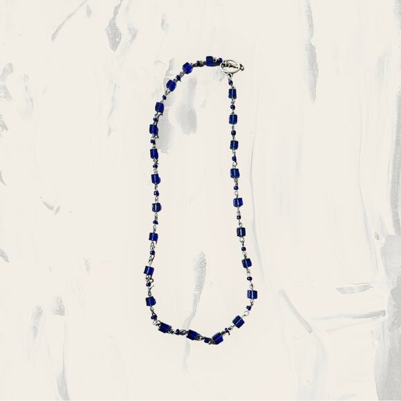 Silver‎ Tone Necklace Blue Lapis Bead Woven Link Toggle Clasp Statement Jewelry - Picture 1 of 4